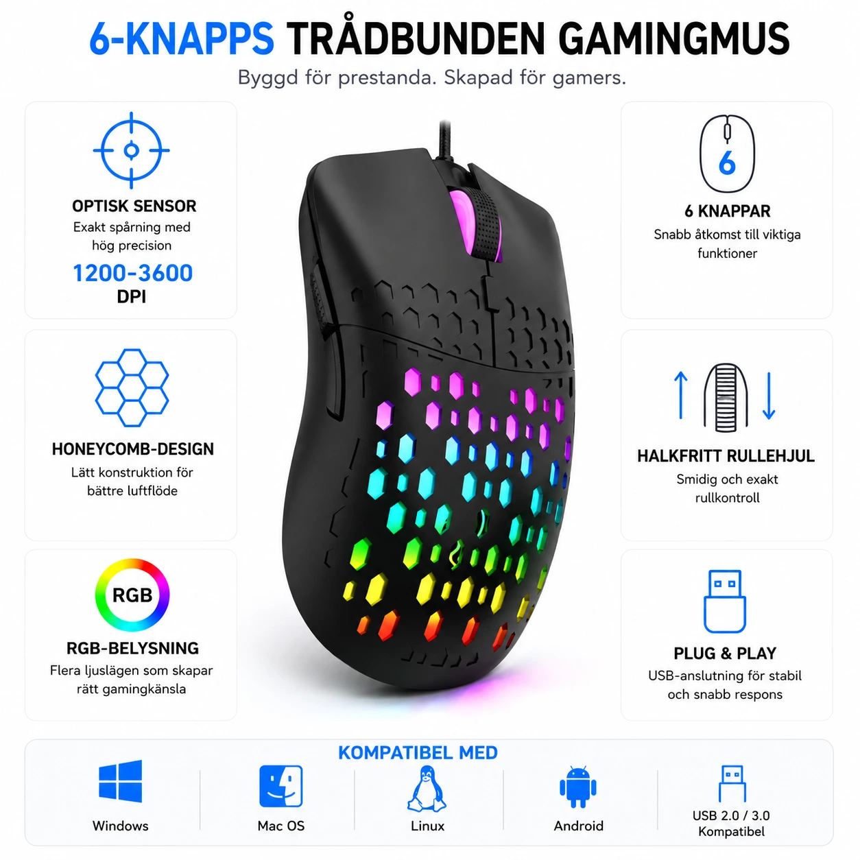 Gamingmus RGB Trådbunden – Lätt 6-Knapps USB Mus