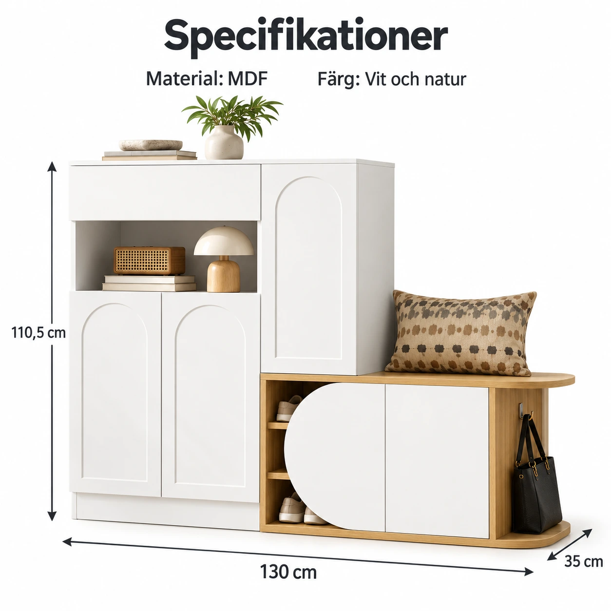 Skoskåp med sittbänk för hall, vit och trälook