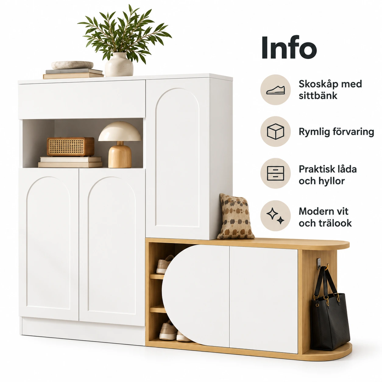 Skoskåp med sittbänk för hall, vit och trälook