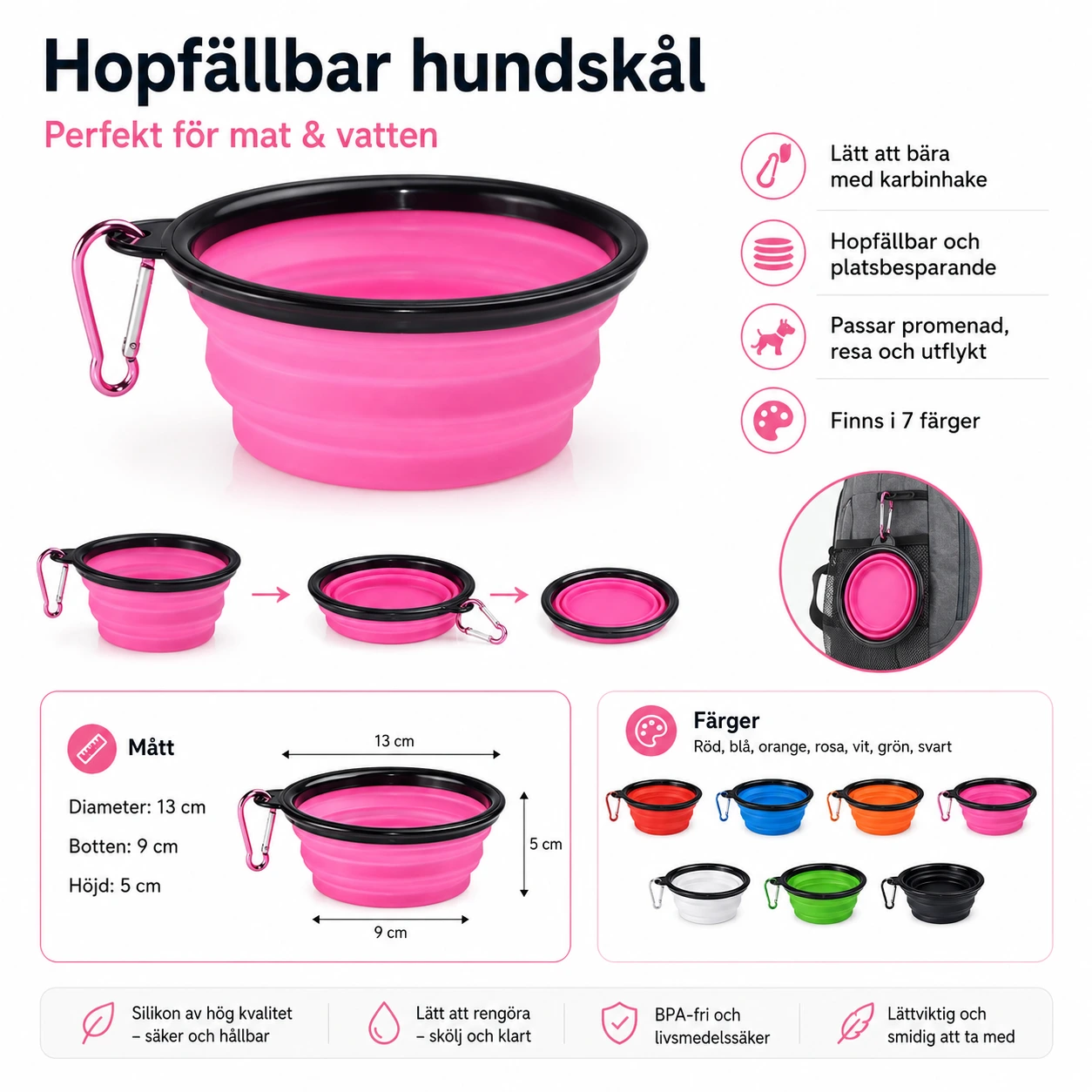 Hundskål Hopfällbar med Karbinhake – Reseskål för Hund