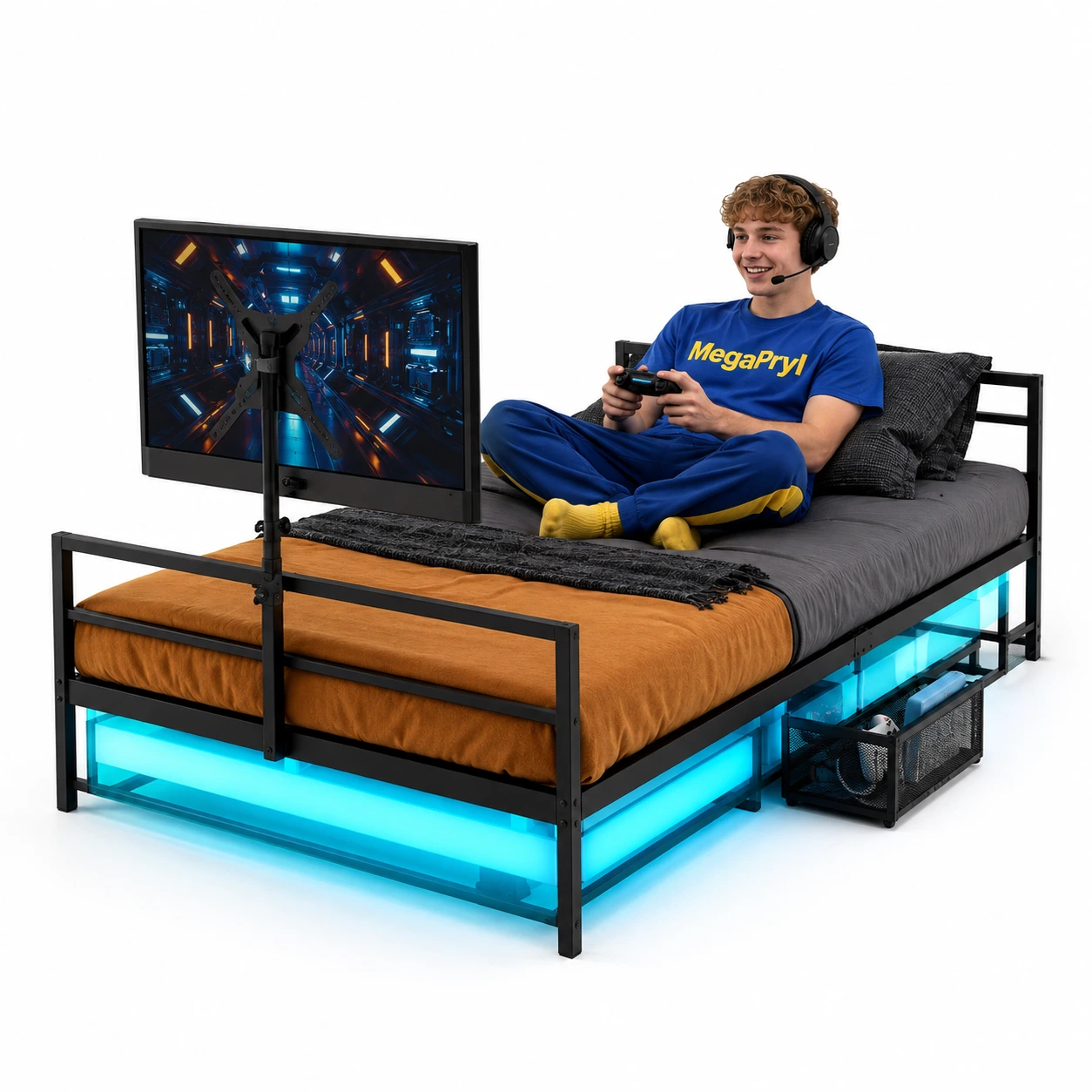 Gaming-säng 90x200 cm med LED och skärmställ