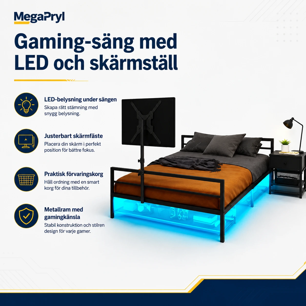 Gaming-säng 90x200 cm med LED och skärmställ