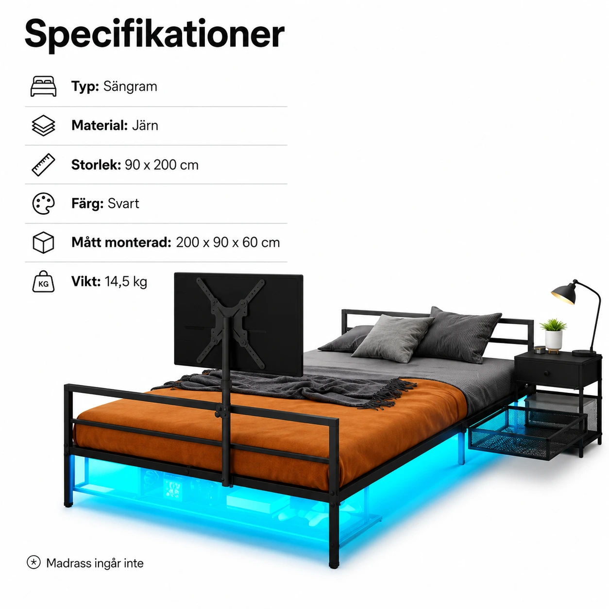 Gaming-säng 90x200 cm med LED och skärmställ