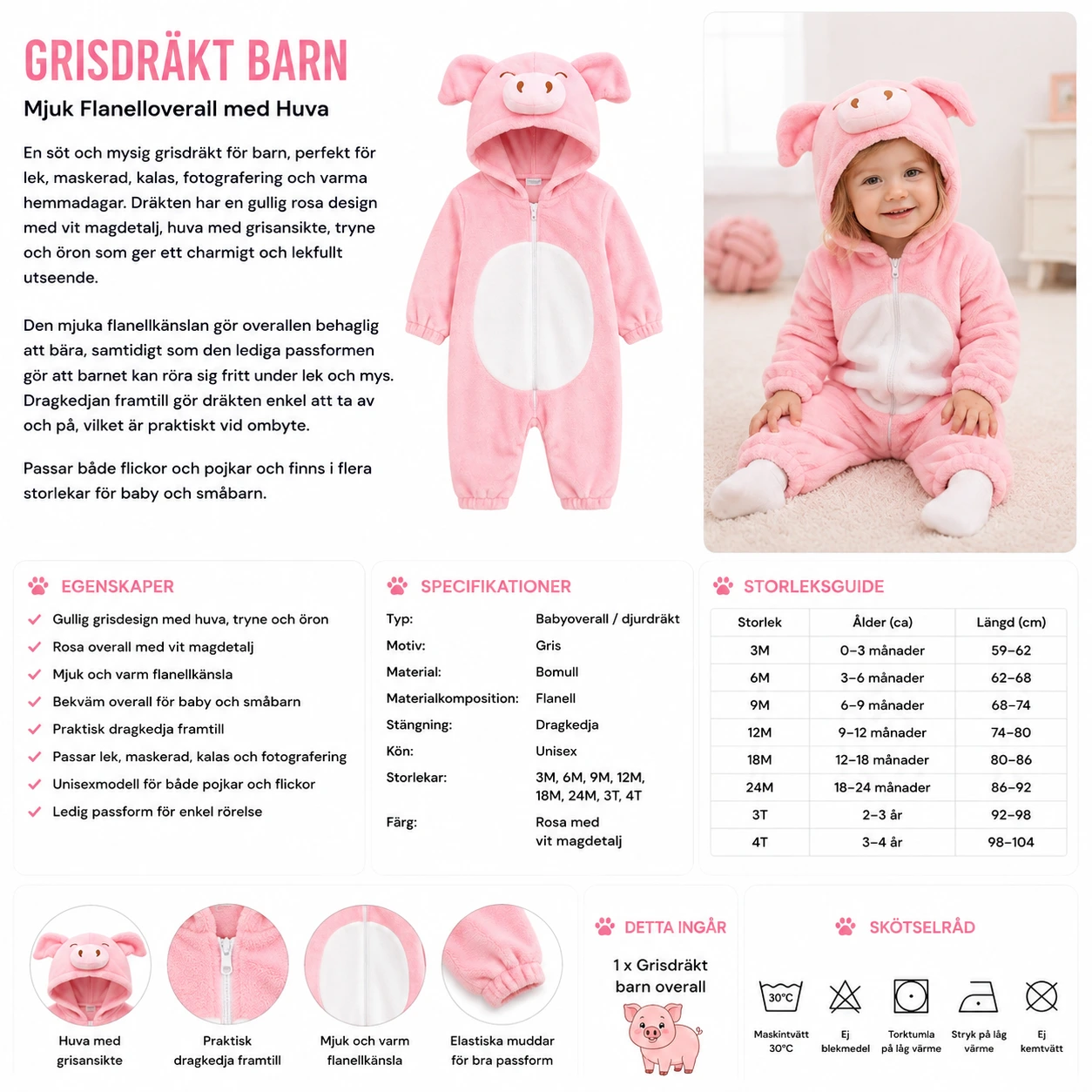 Grisdräkt Barn – Mjuk Flanelloverall med Huva