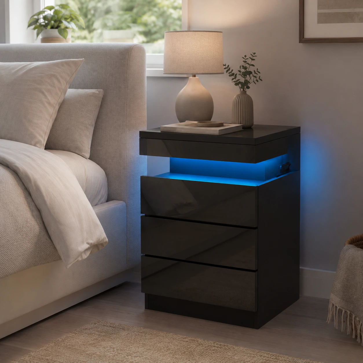 Sängbord med laddstation och LED-belysning