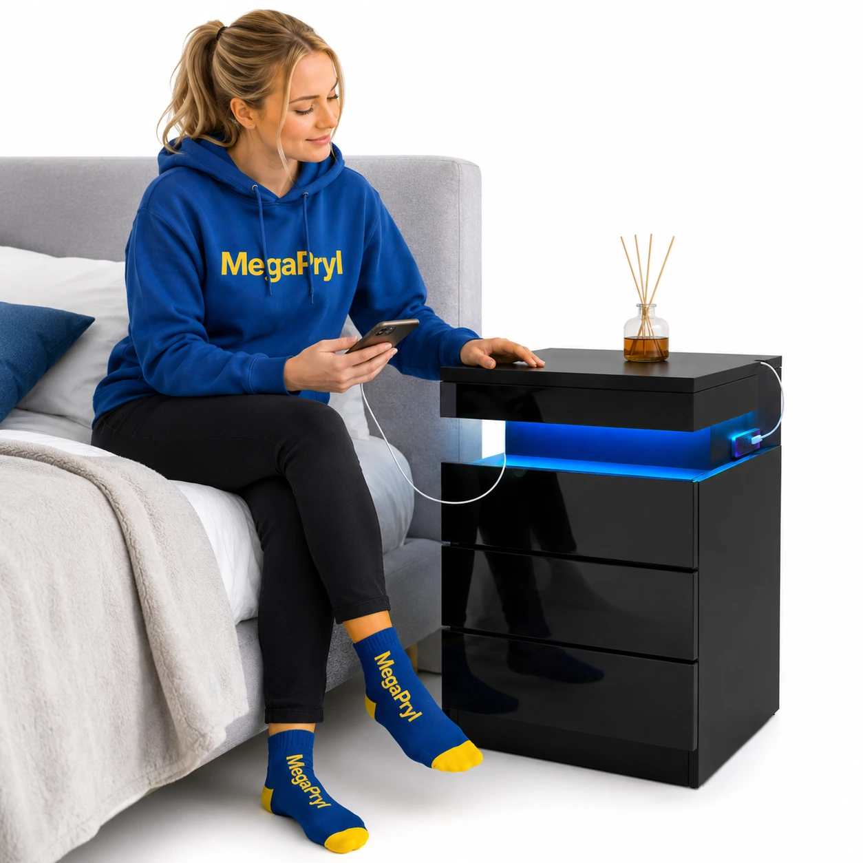 Sängbord med laddstation och LED-belysning