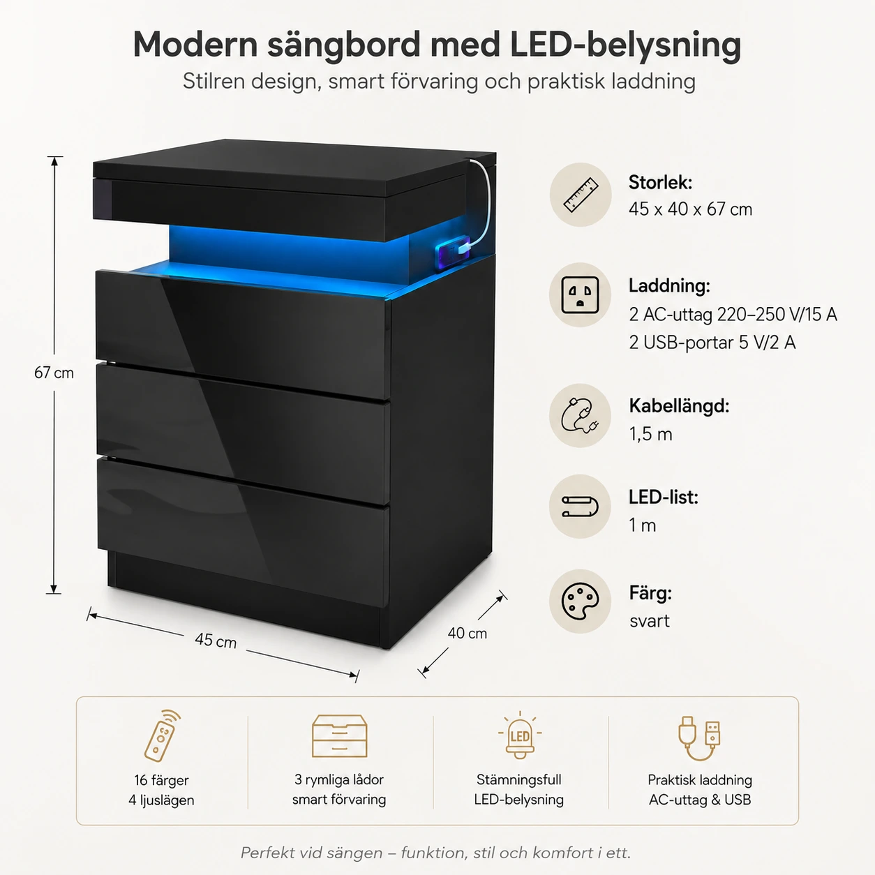 Sängbord med laddstation och LED-belysning