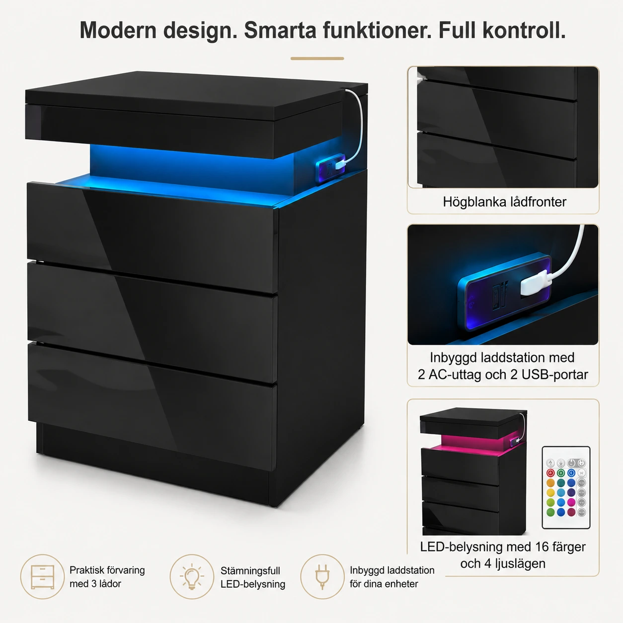 Sängbord med laddstation och LED-belysning