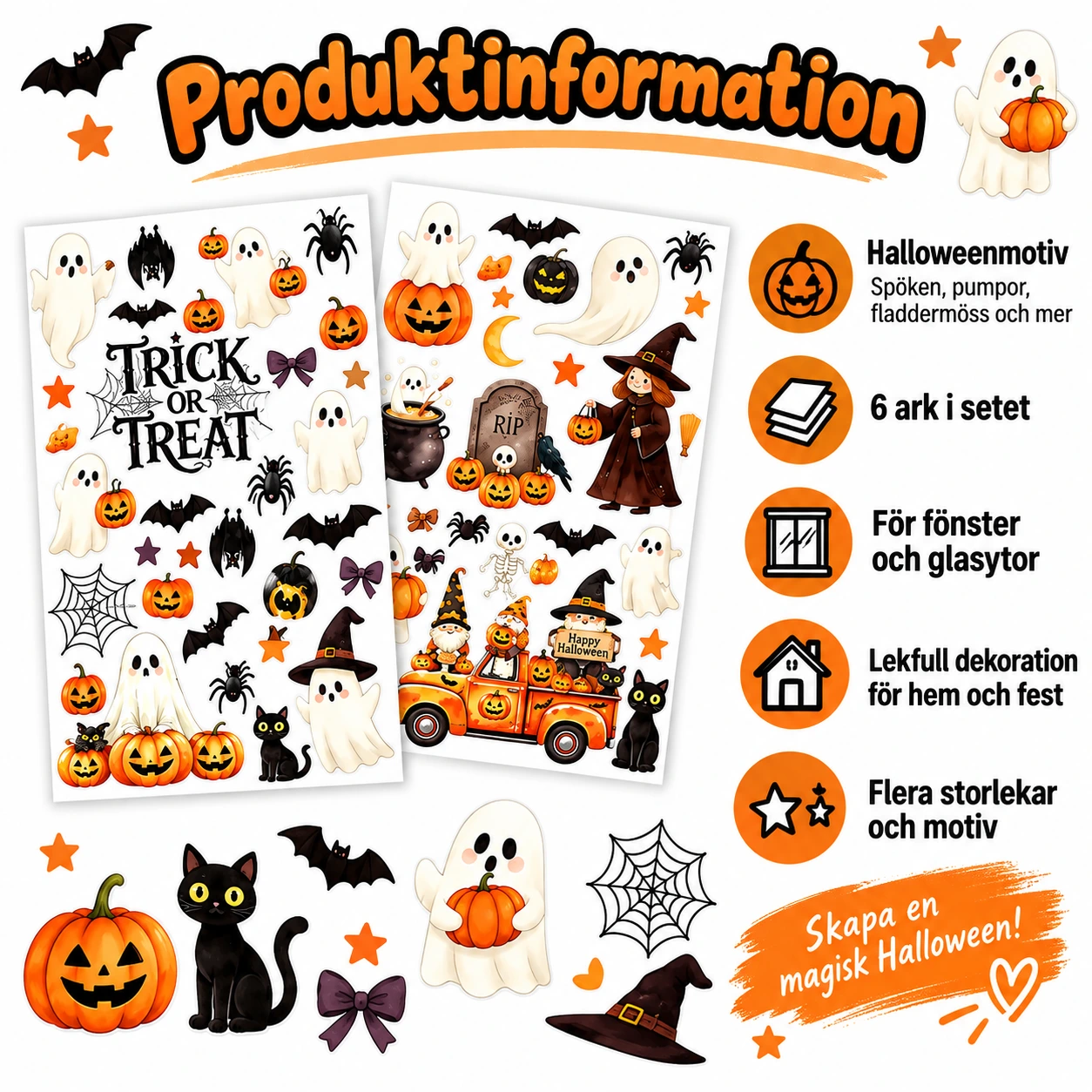 Fönsterdekoration med halloweenmotiv, 6 ark