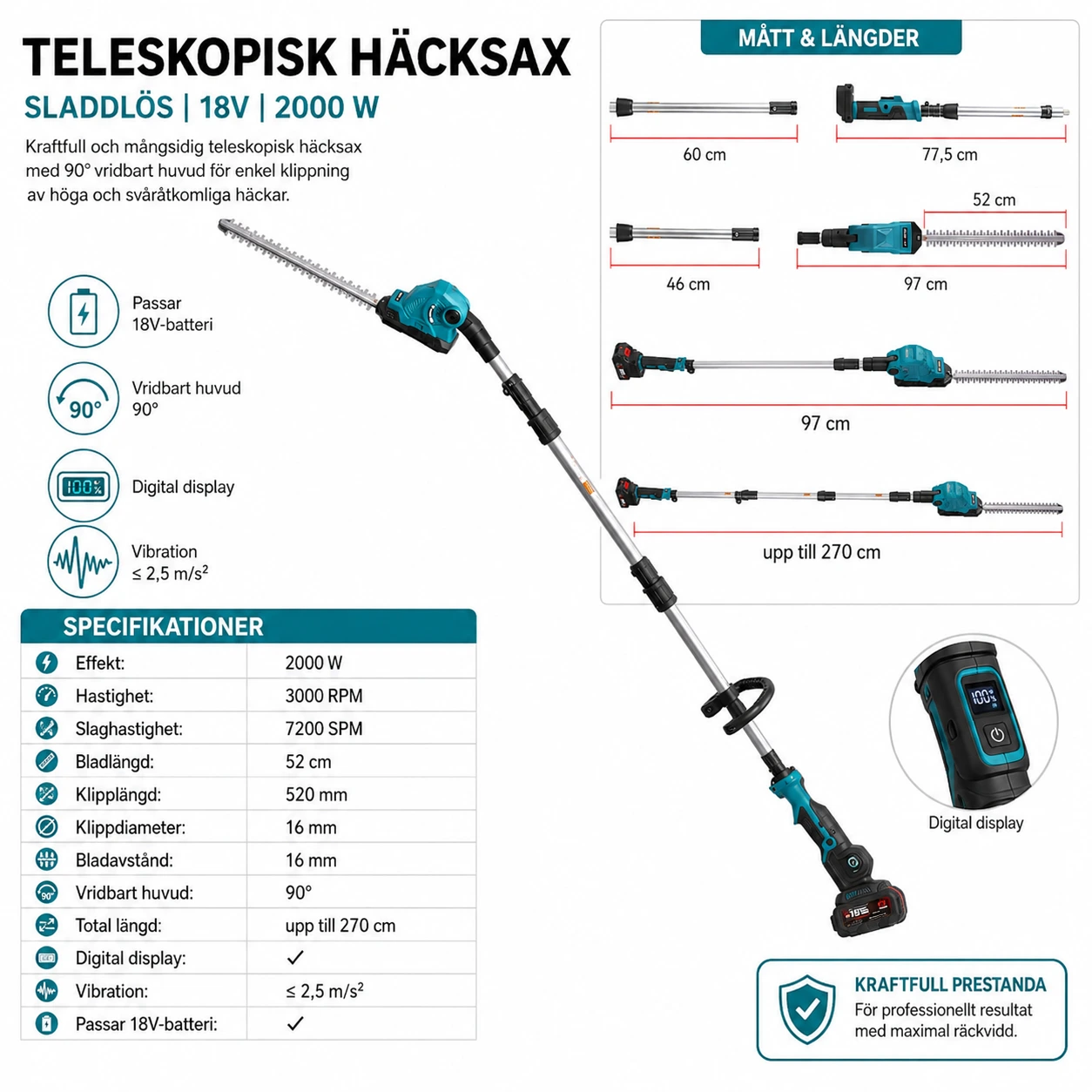 Stånghäcksax Batteridriven 52 cm – Teleskopisk 2,7 m