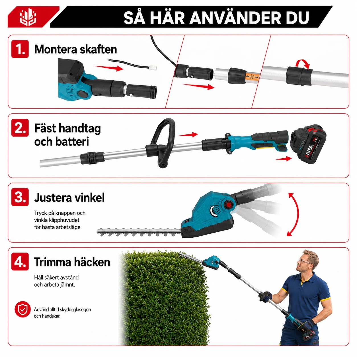 Stånghäcksax Batteridriven 52 cm – Teleskopisk 2,7 m
