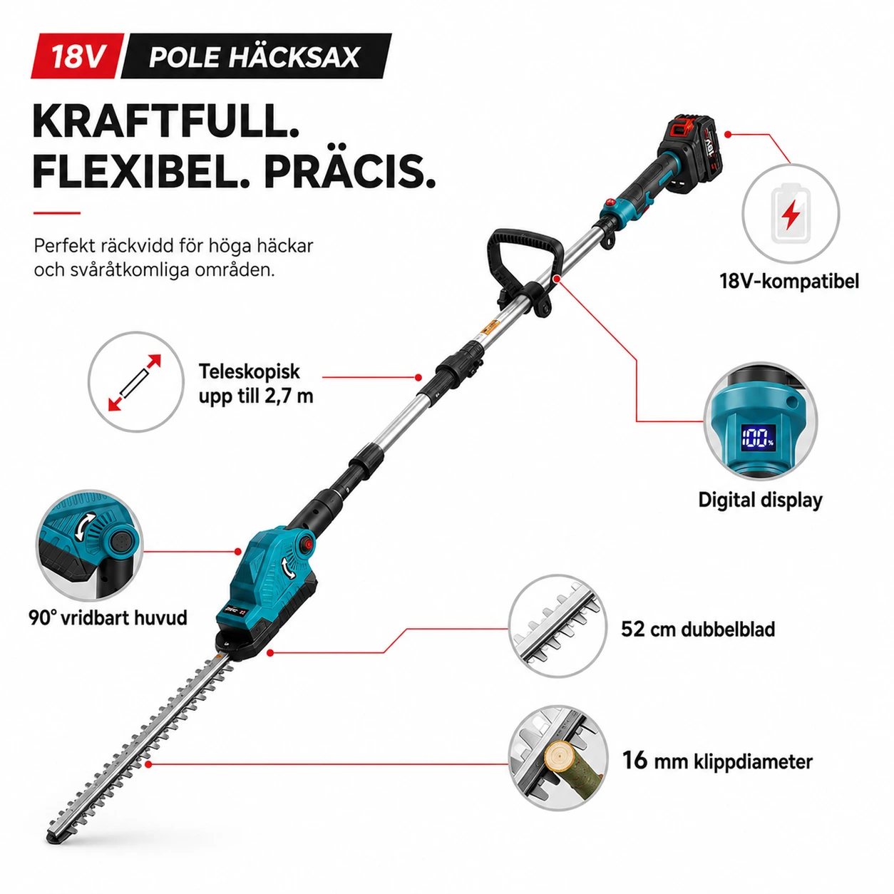 Stånghäcksax Batteridriven 52 cm – Teleskopisk 2,7 m