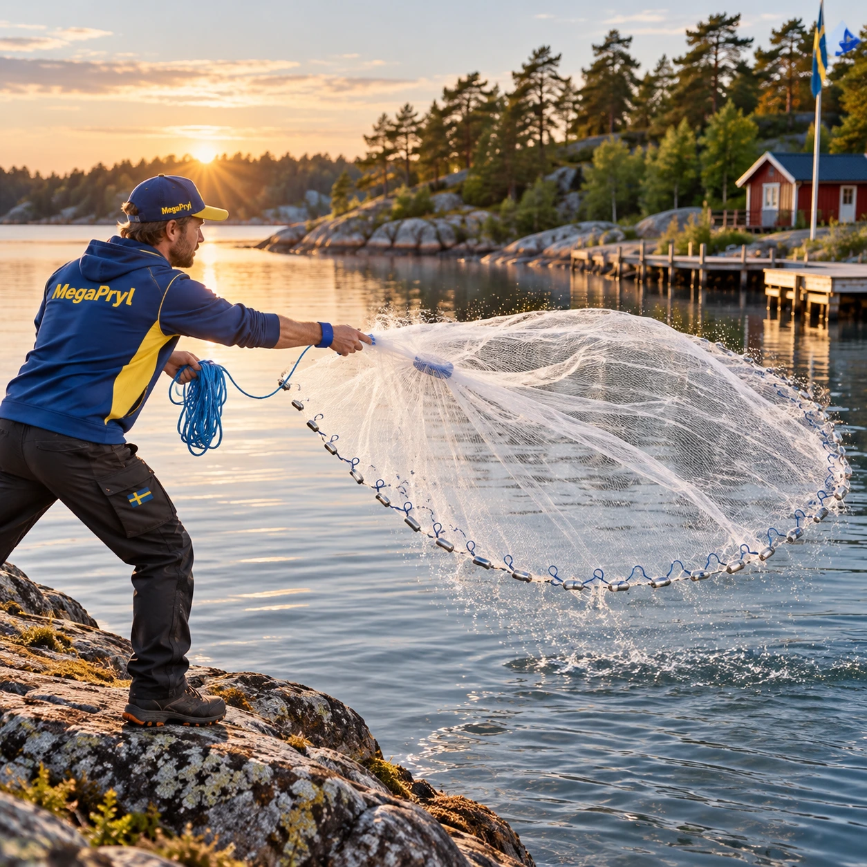 Heittoverkko kalastukseen käsinarulla ja teräspainoilla