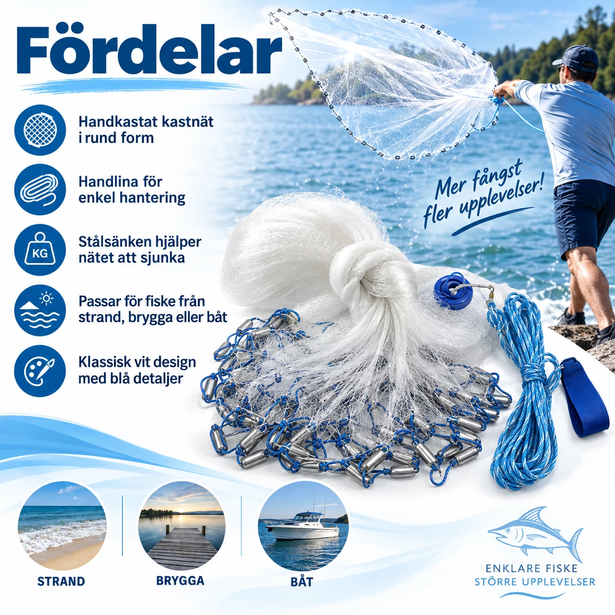 Kastnät för fiske med handlina och stålsänken