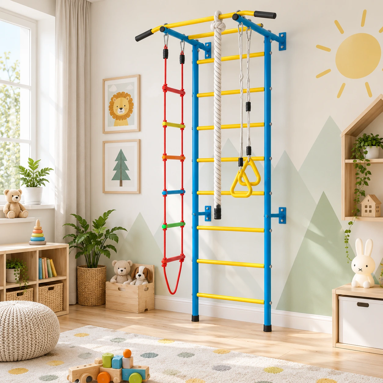 Lasten 5-in-1-kiipeilyteline sisäkäyttöön puolapuilla