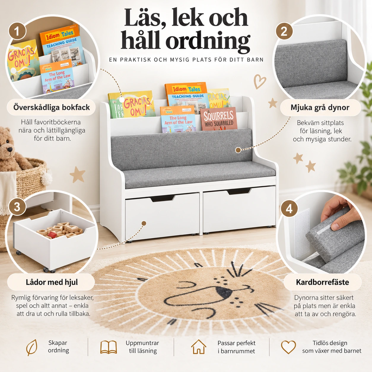 Barnbänk med bokhylla och förvaringslådor, vit