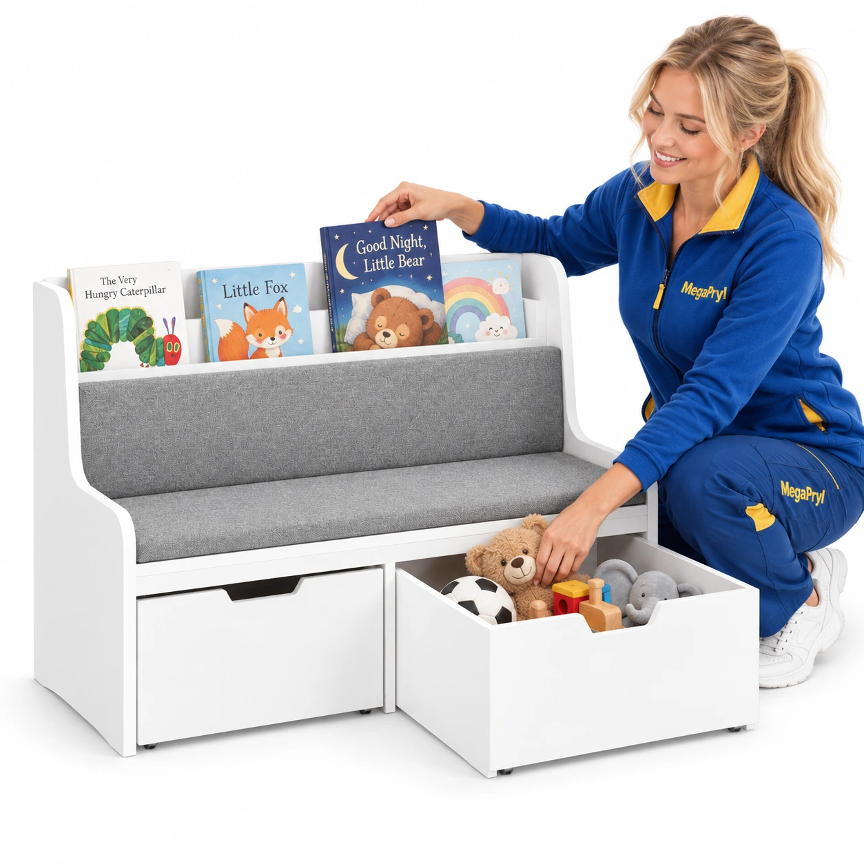 Barnbänk med bokhylla och förvaringslådor, vit