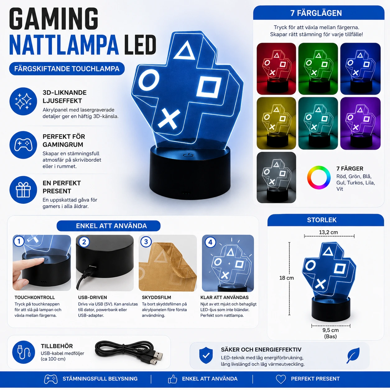 Nattlampa Gaming LED – Färgskiftande Touchlampa med USB