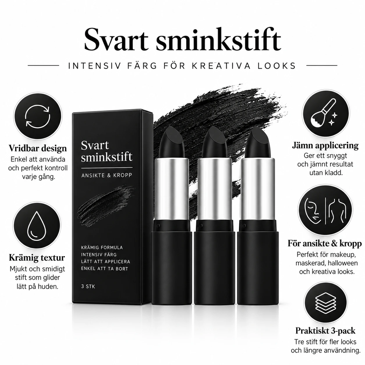 Sminkestift skjelett svart, 3-pakning