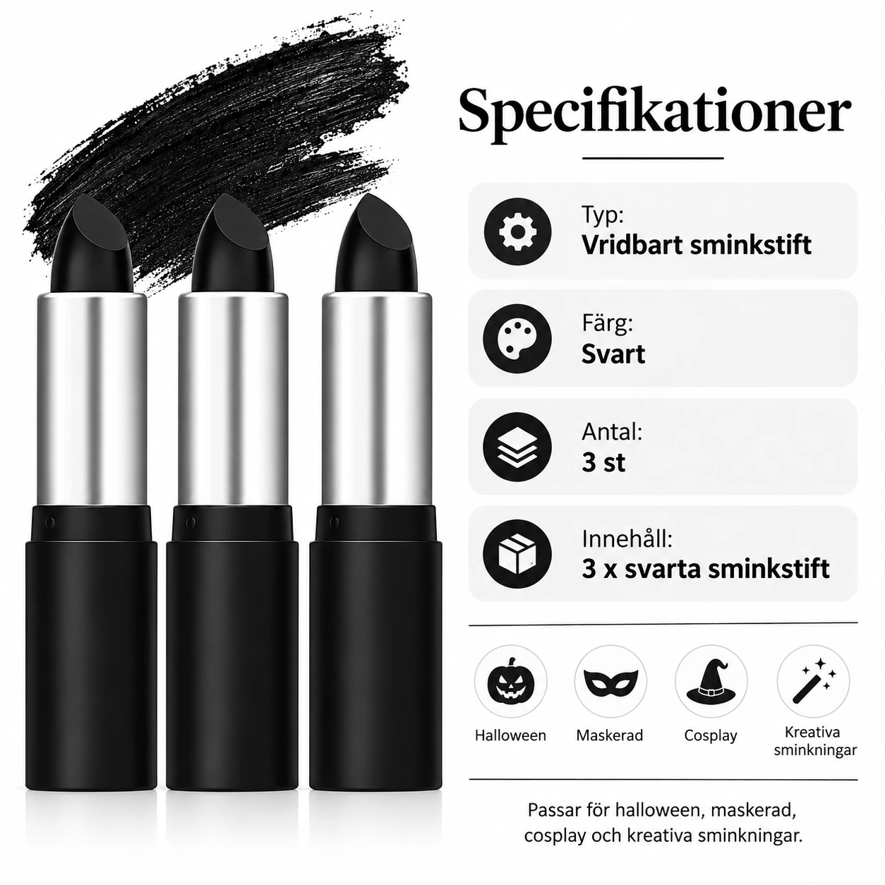 Sminkestift skjelett svart, 3-pakning