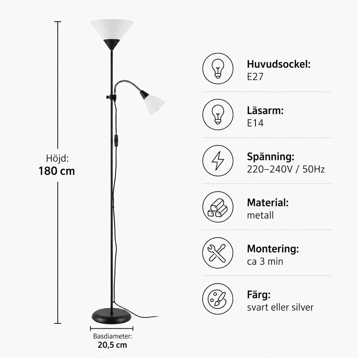 Golvlampa med Flexibel Läsarm och Tung Bas 180 cm