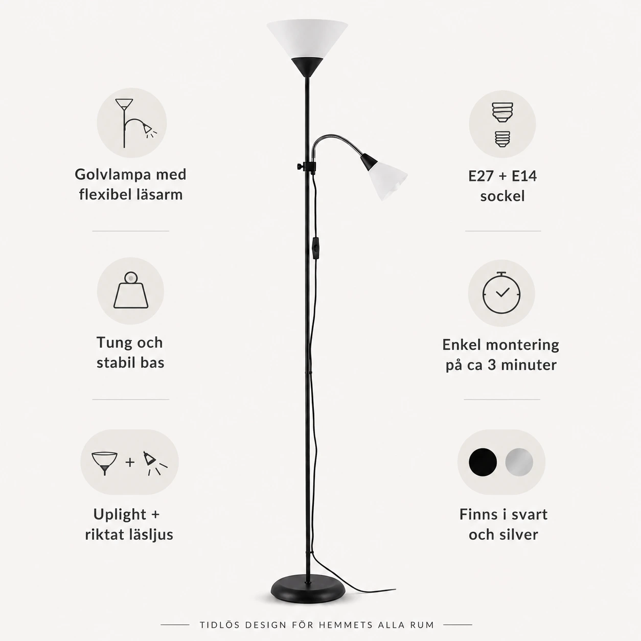 Golvlampa med Flexibel Läsarm och Tung Bas 180 cm
