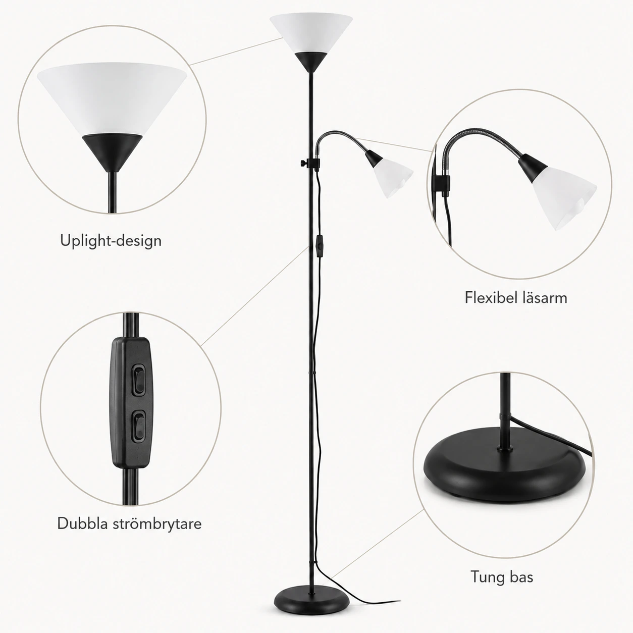Golvlampa med Flexibel Läsarm och Tung Bas 180 cm
