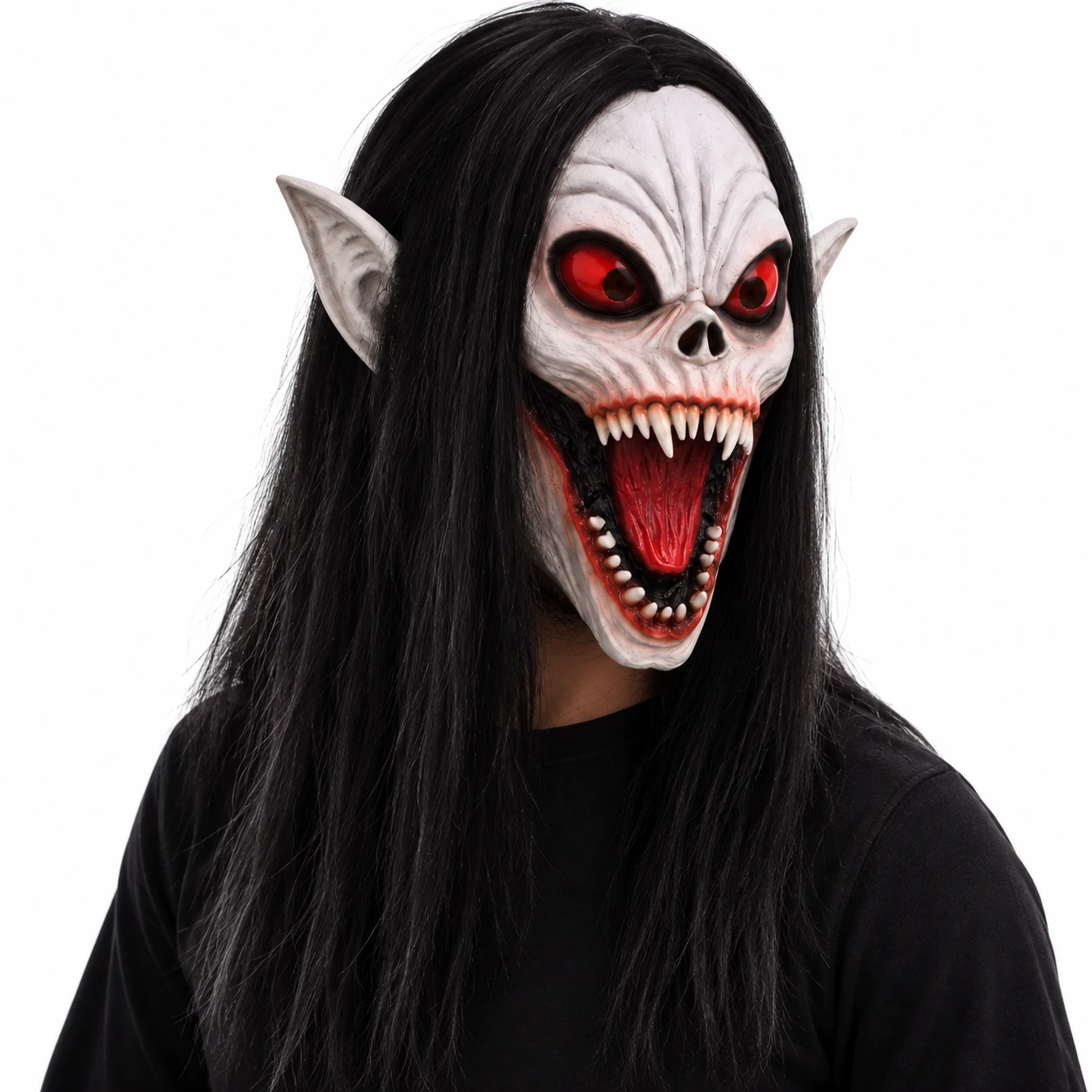 Mask djävul i latex med svart hår, vuxen