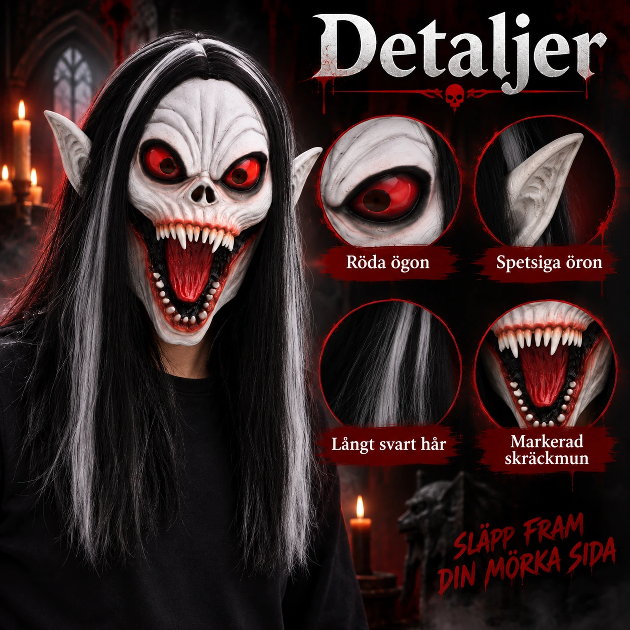Mask djävul i latex med svart hår, vuxen