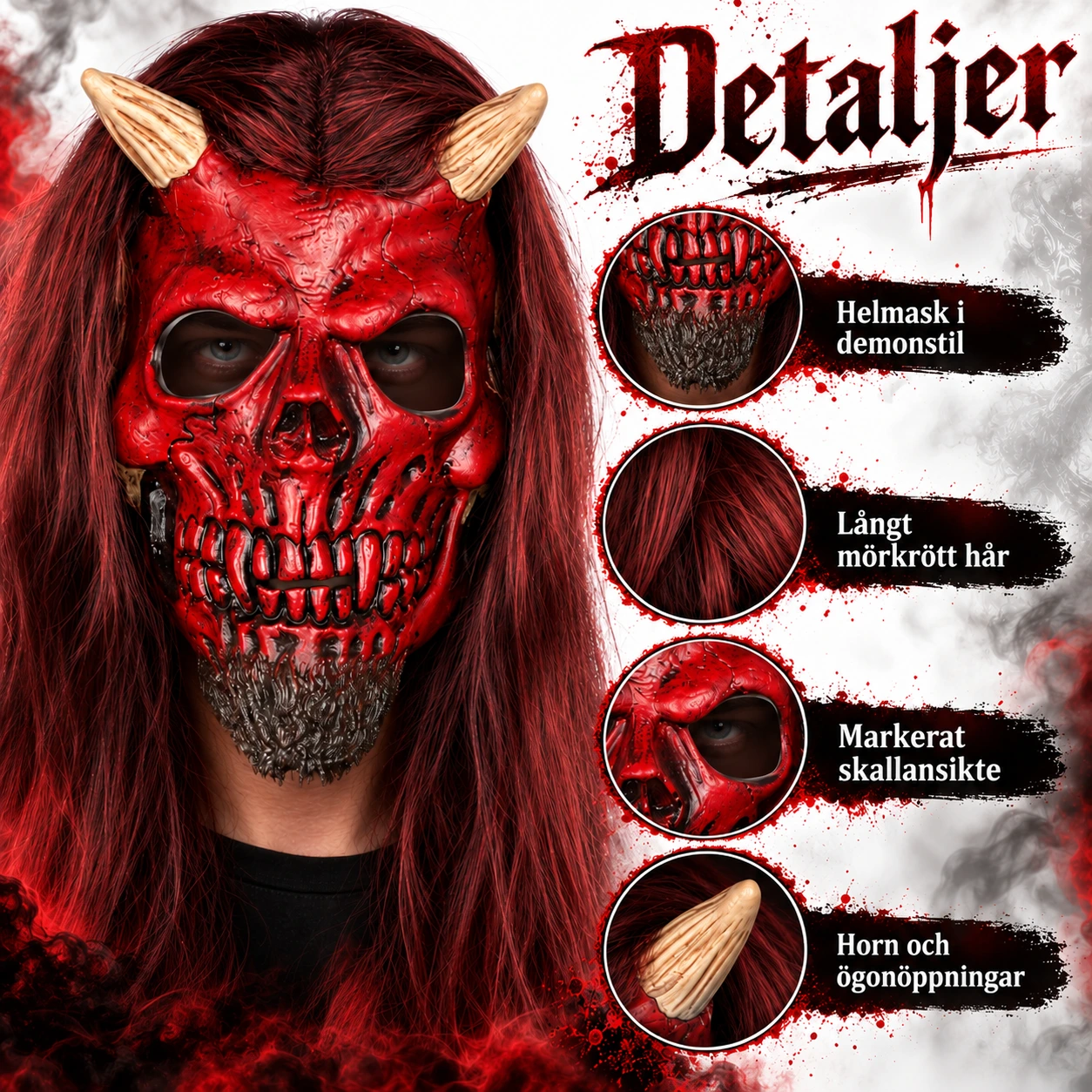 Djävulsmask för halloween med långt hår