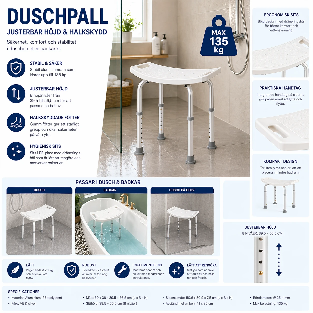 Duschpall – Justerbar Höjd & Halkskydd – Badrumspall