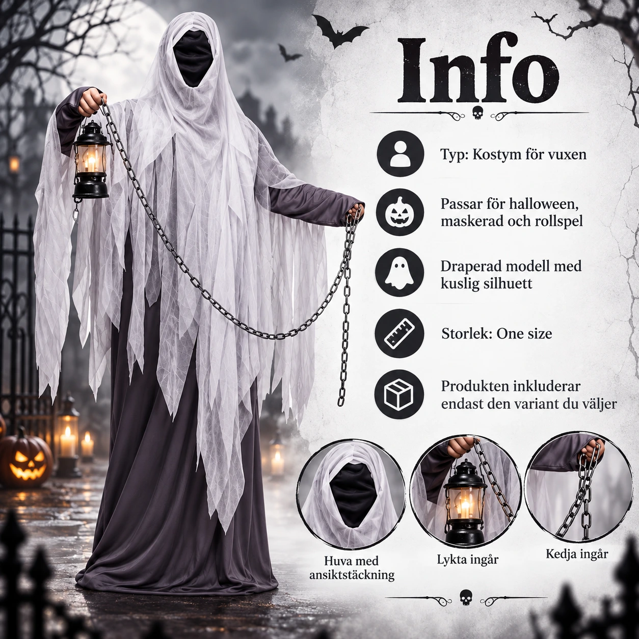 Spökkostym för halloween och maskerad i one size
