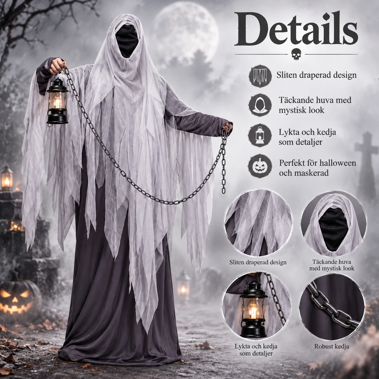 Spökkostym för halloween och maskerad i one size
