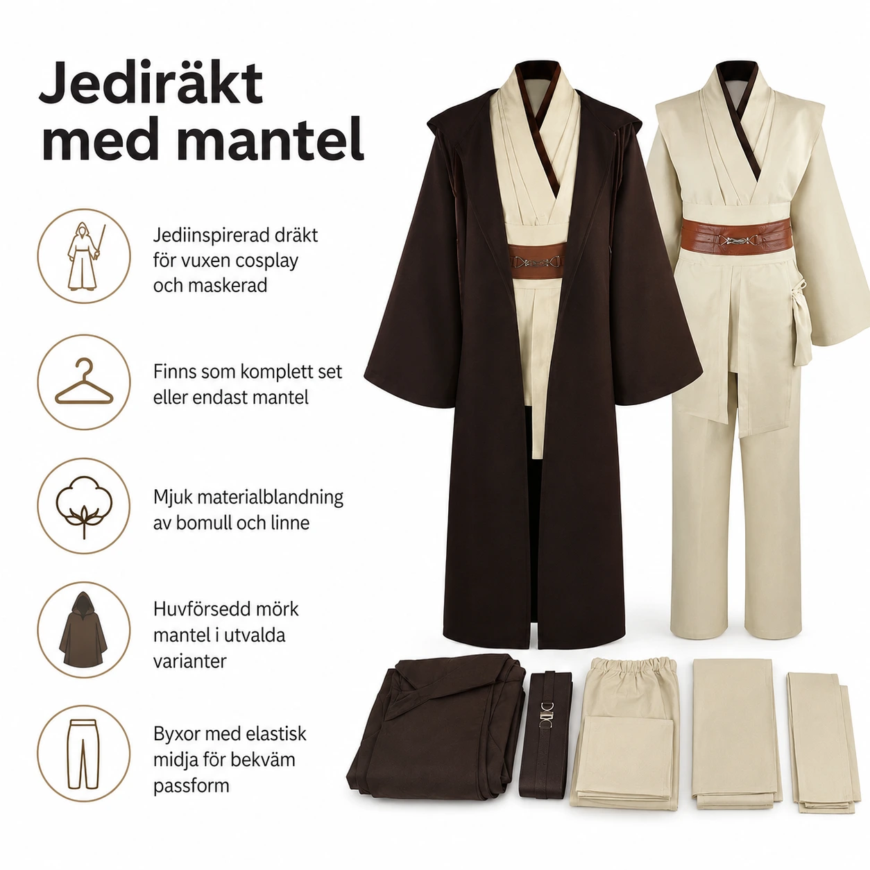 Jediräkt med mantel för vuxen cosplay och maskerad