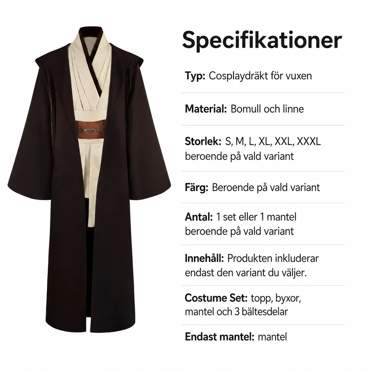 Jediräkt med mantel för vuxen cosplay och maskerad