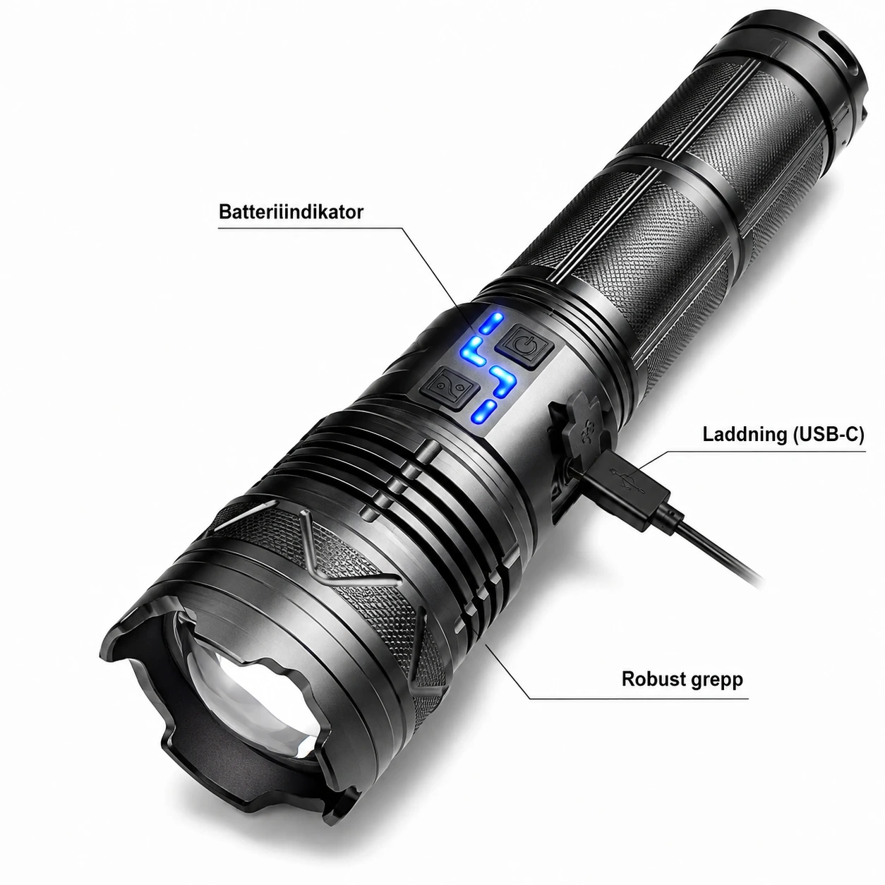 Uppladdningsbar LED-ficklampa för outdoor med batteriindikator