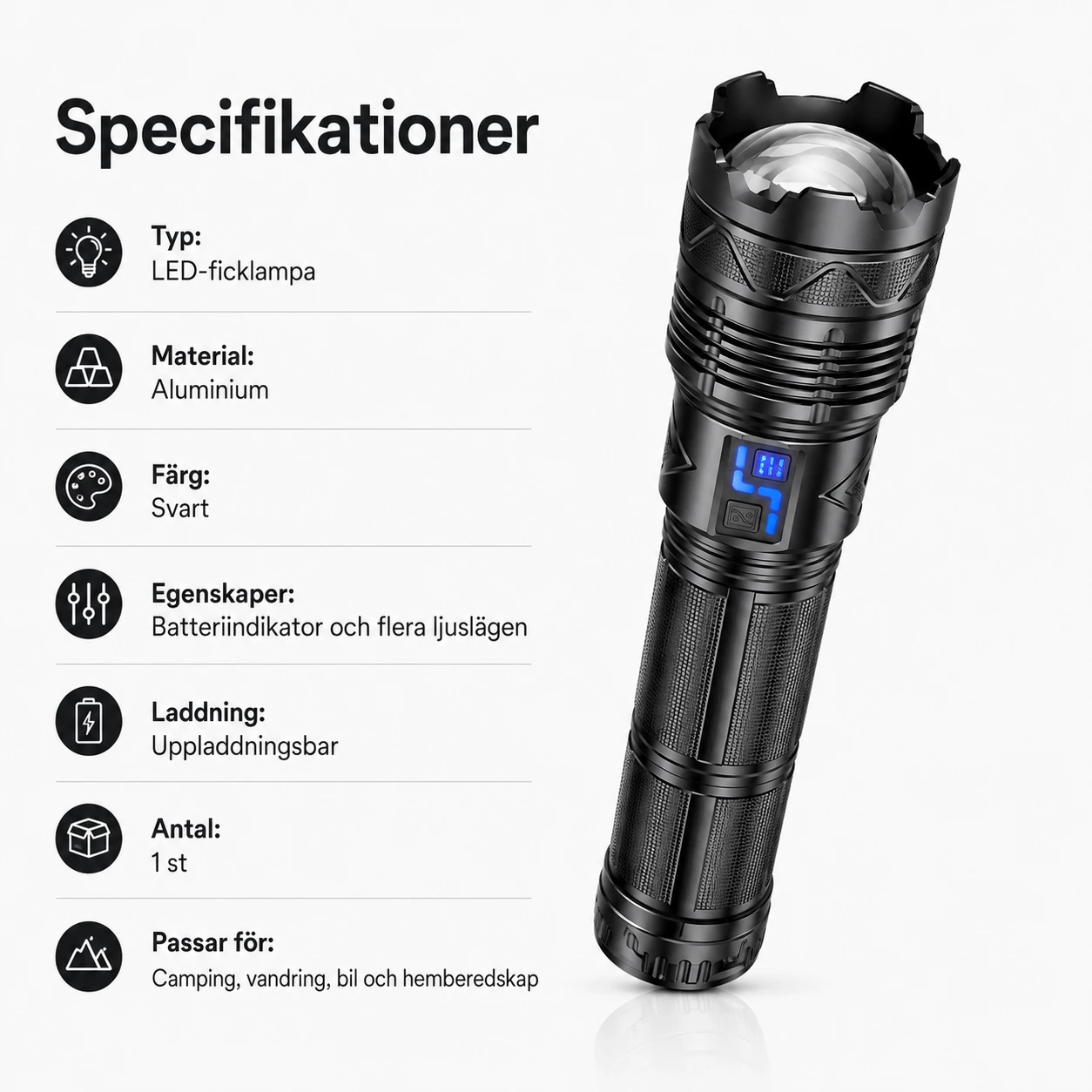 Uppladdningsbar LED-ficklampa för outdoor med batteriindikator