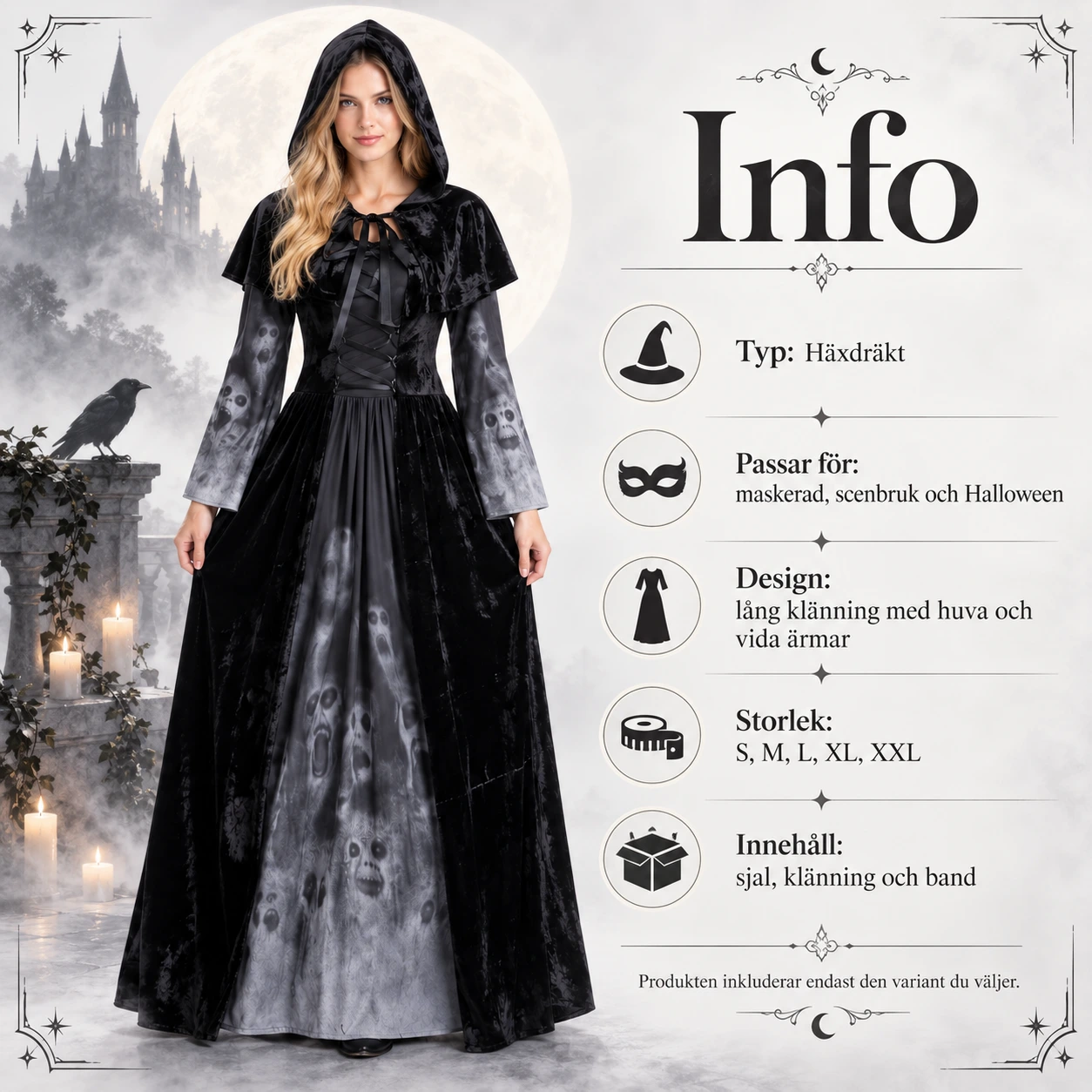 Svart Gotisk Häxa och Sorceress Klänning med Hätta och Dödskallemönster