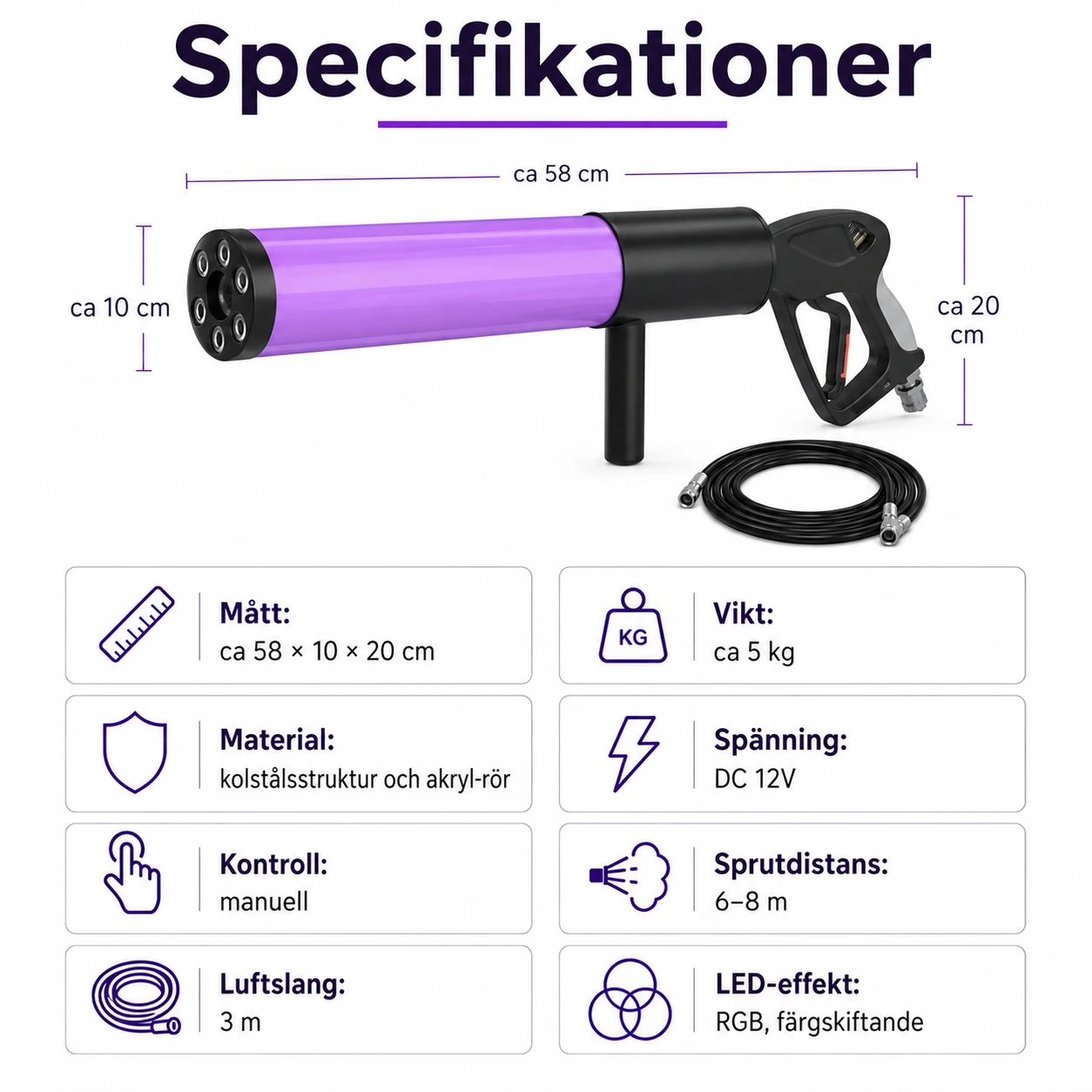 CO2-rökpistol med RGB LED för fest och scen
