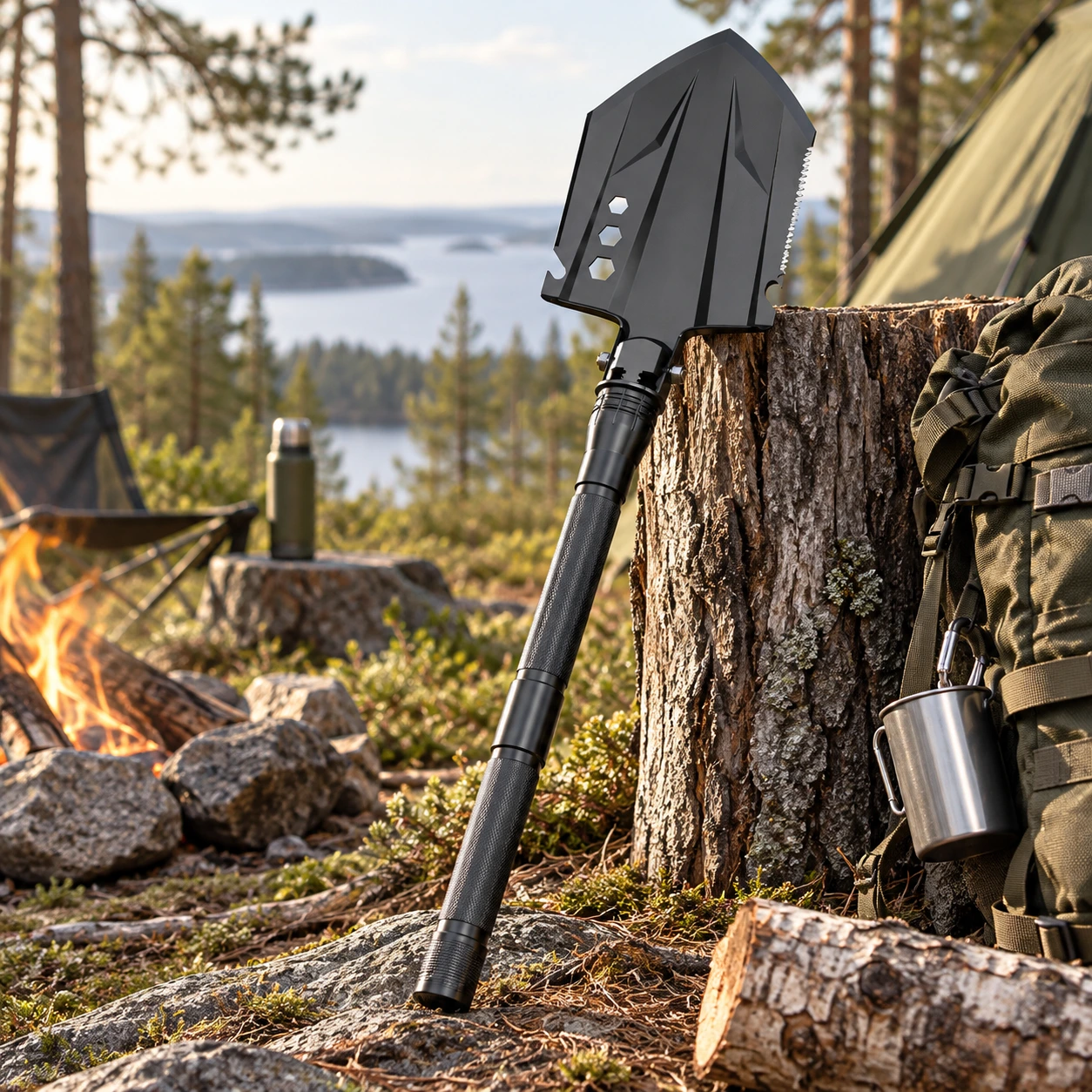Monikäyttöinen retkilapio, kokoontaitettava rakenne