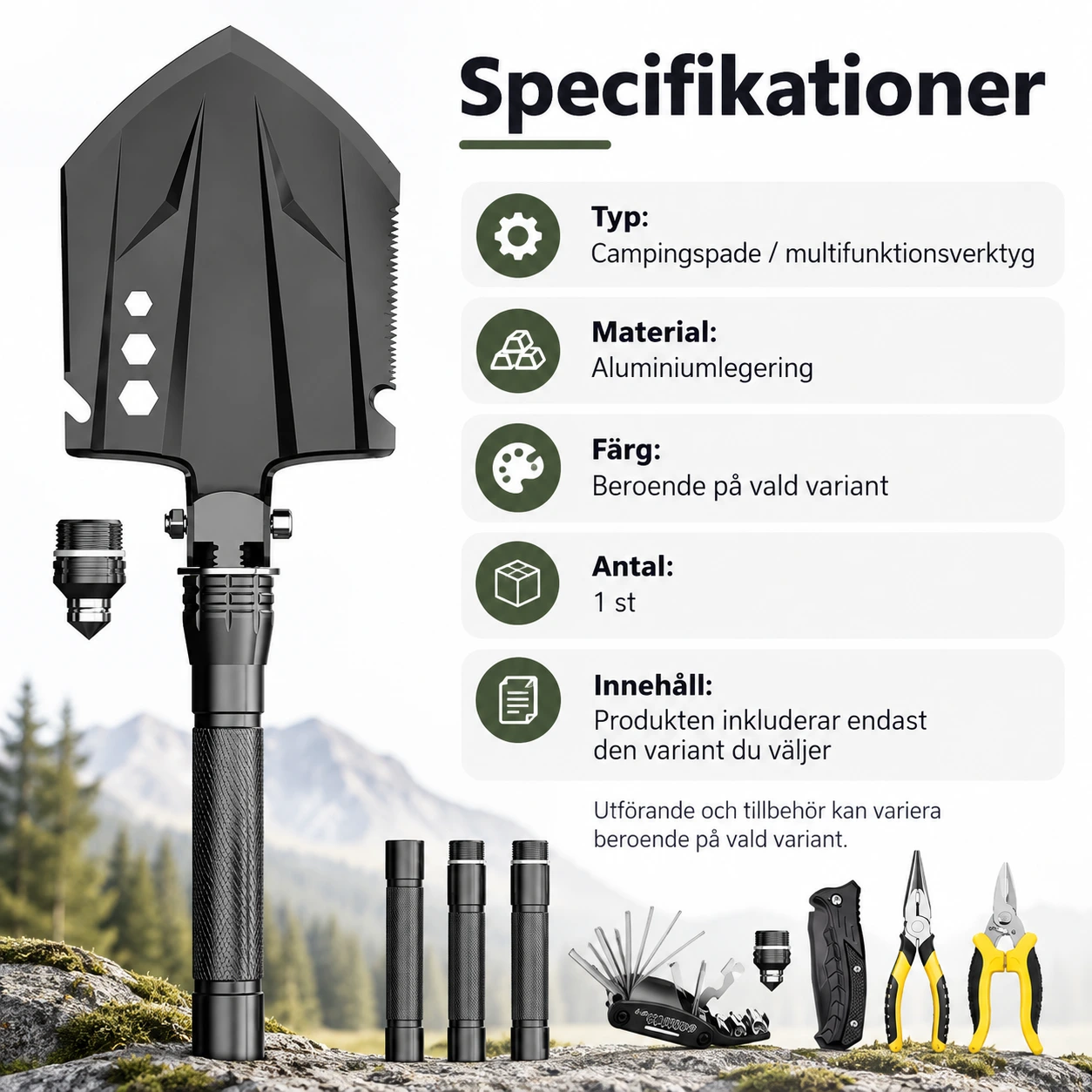 Multifunktionell campingspade med hopfällbar design