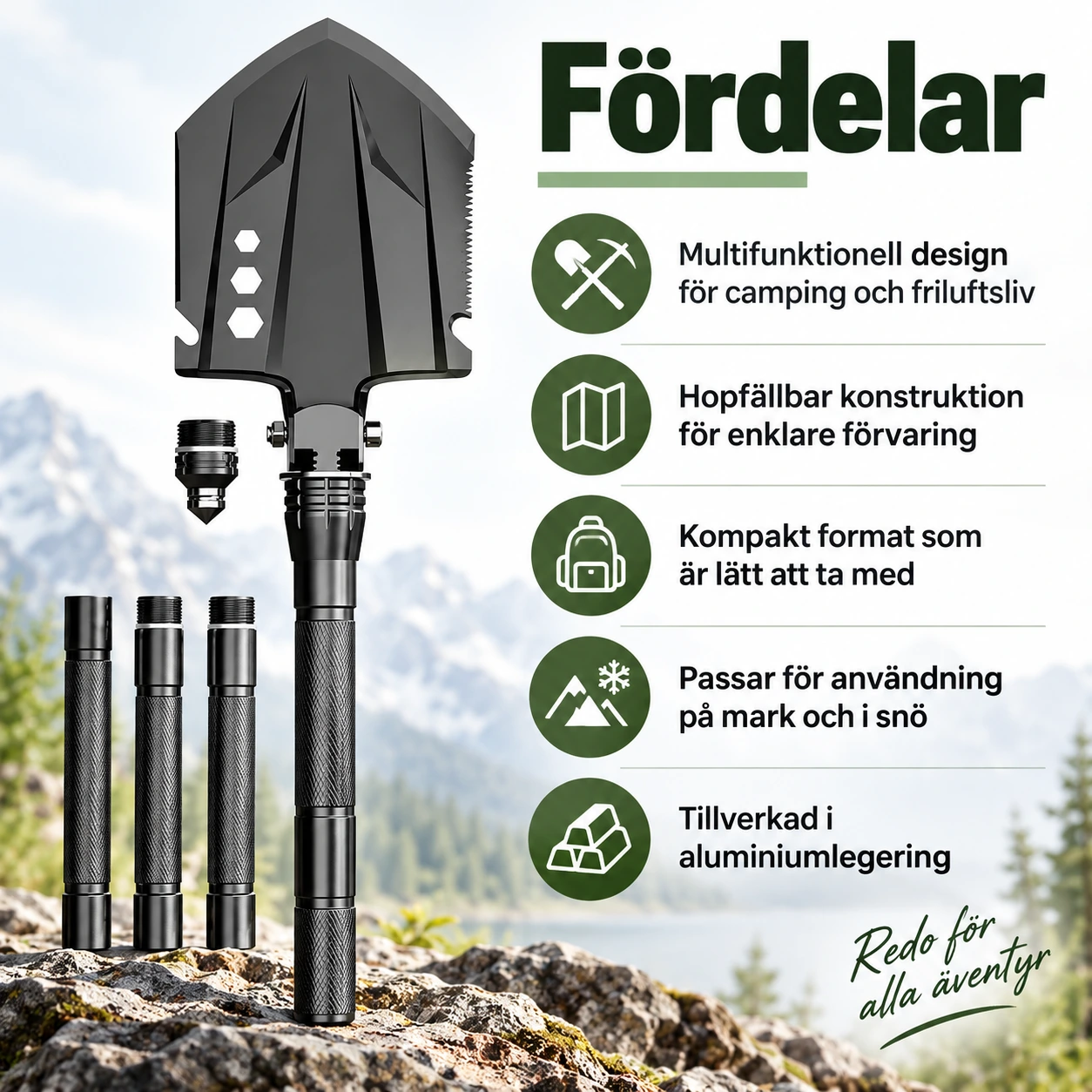 Multifunktionell campingspade med hopfällbar design