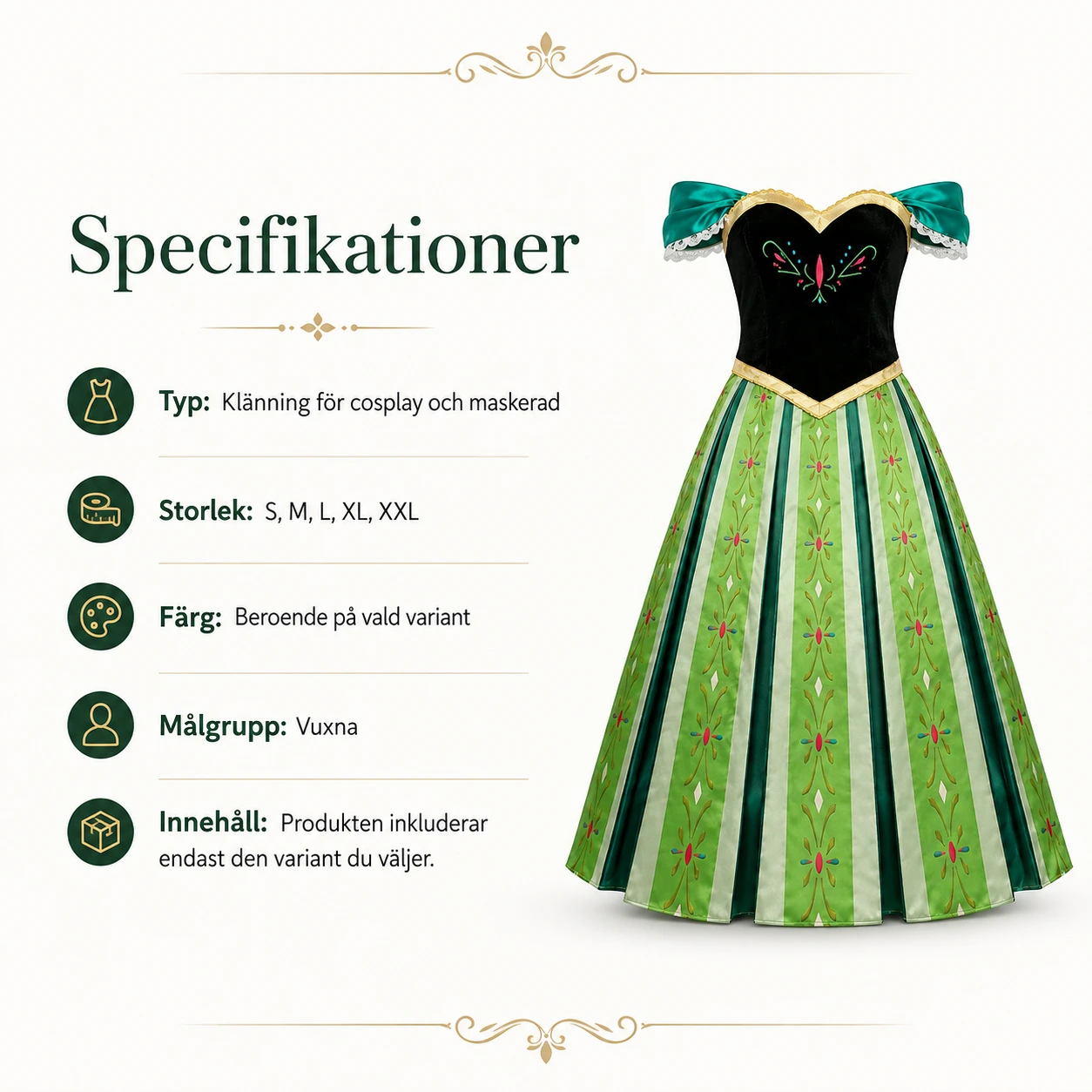 Prinsessklänning för maskerad och cosplay