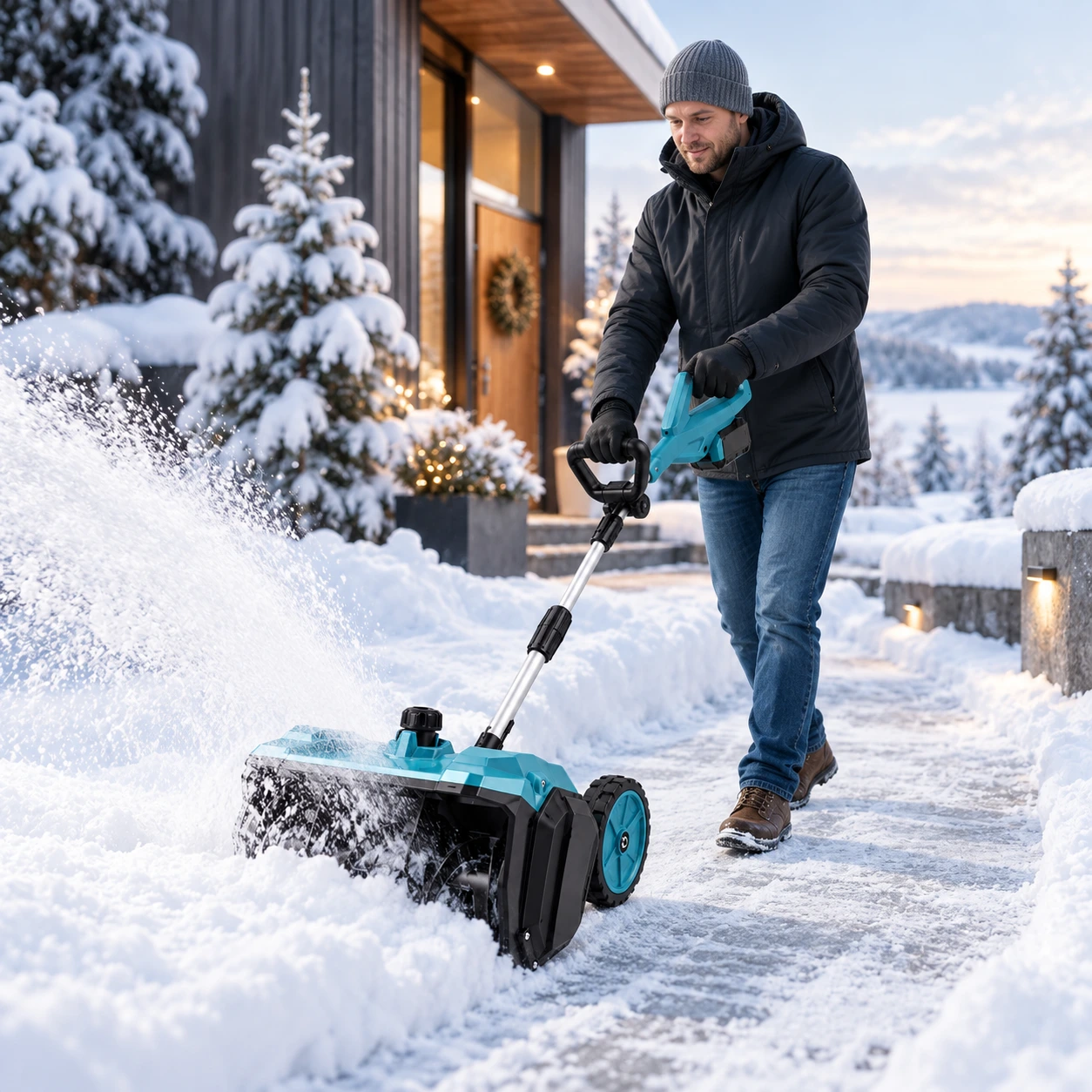 Batteridriven snöslunga med hjul och justerbart utkast