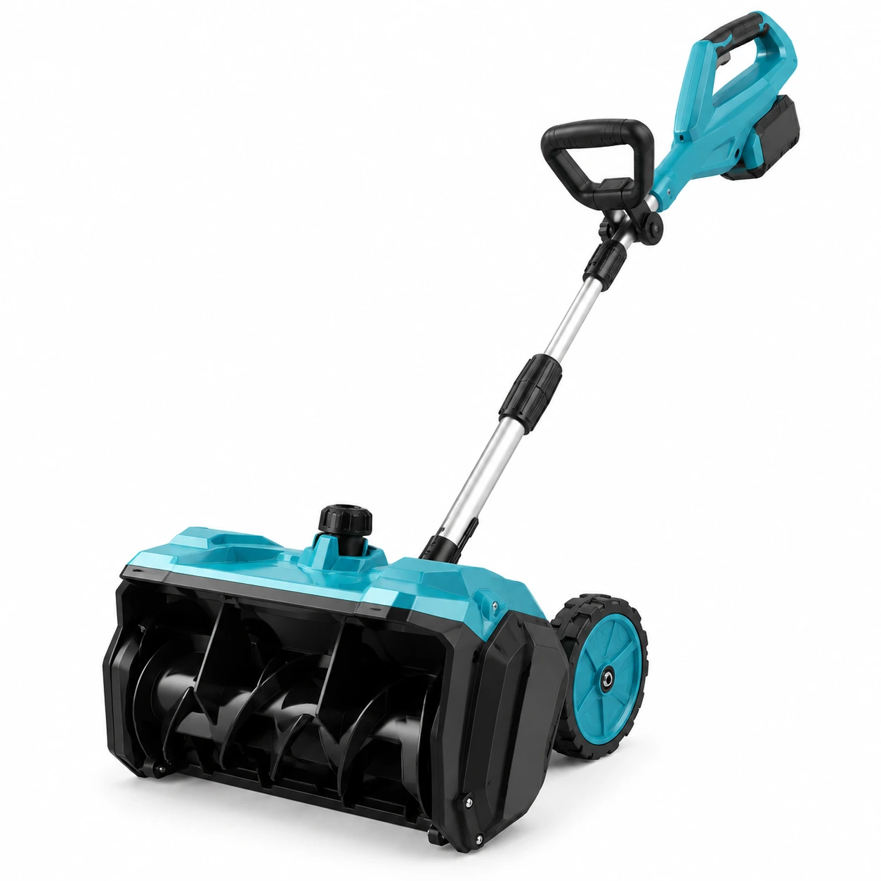 Batteridriven snöslunga med hjul och justerbart utkast