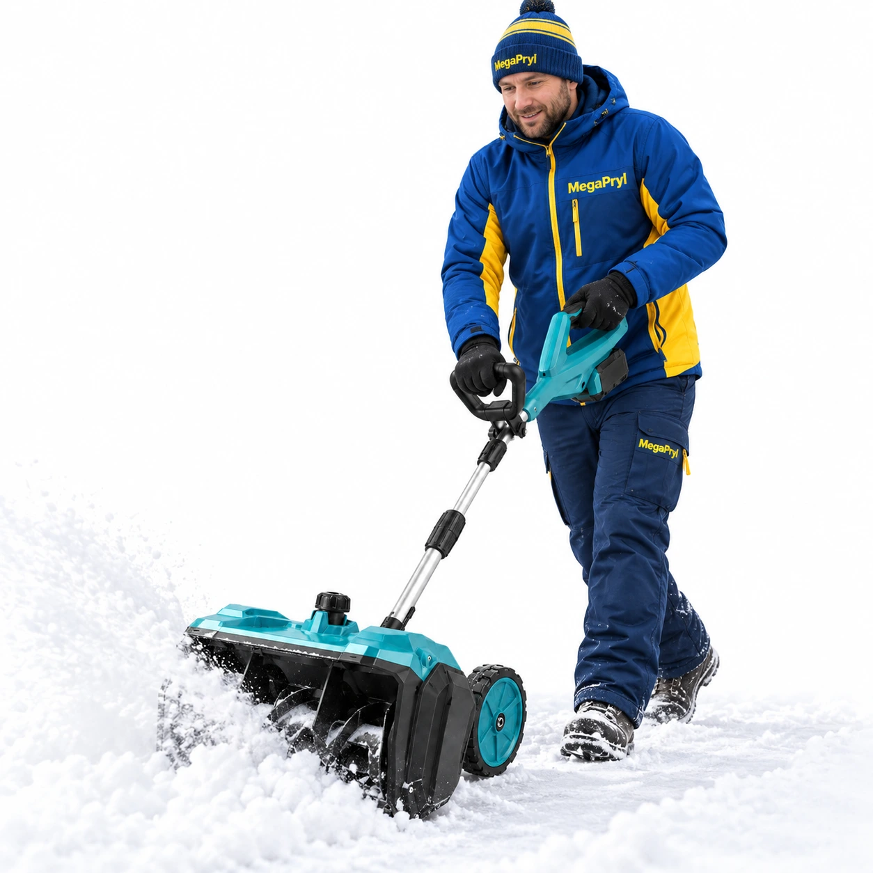 Batteridriven snöslunga med hjul och justerbart utkast