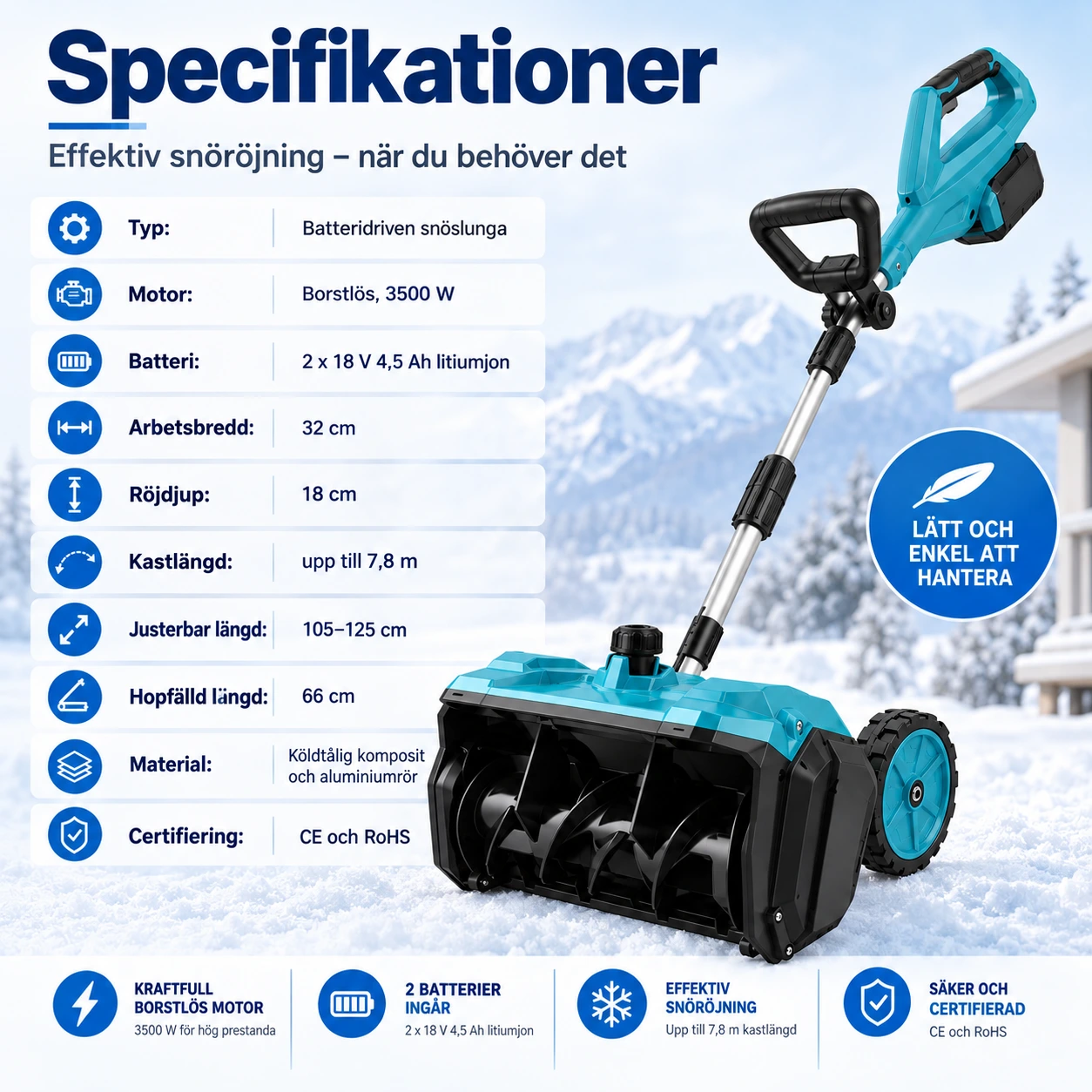 Batteridriven snöslunga med hjul och justerbart utkast