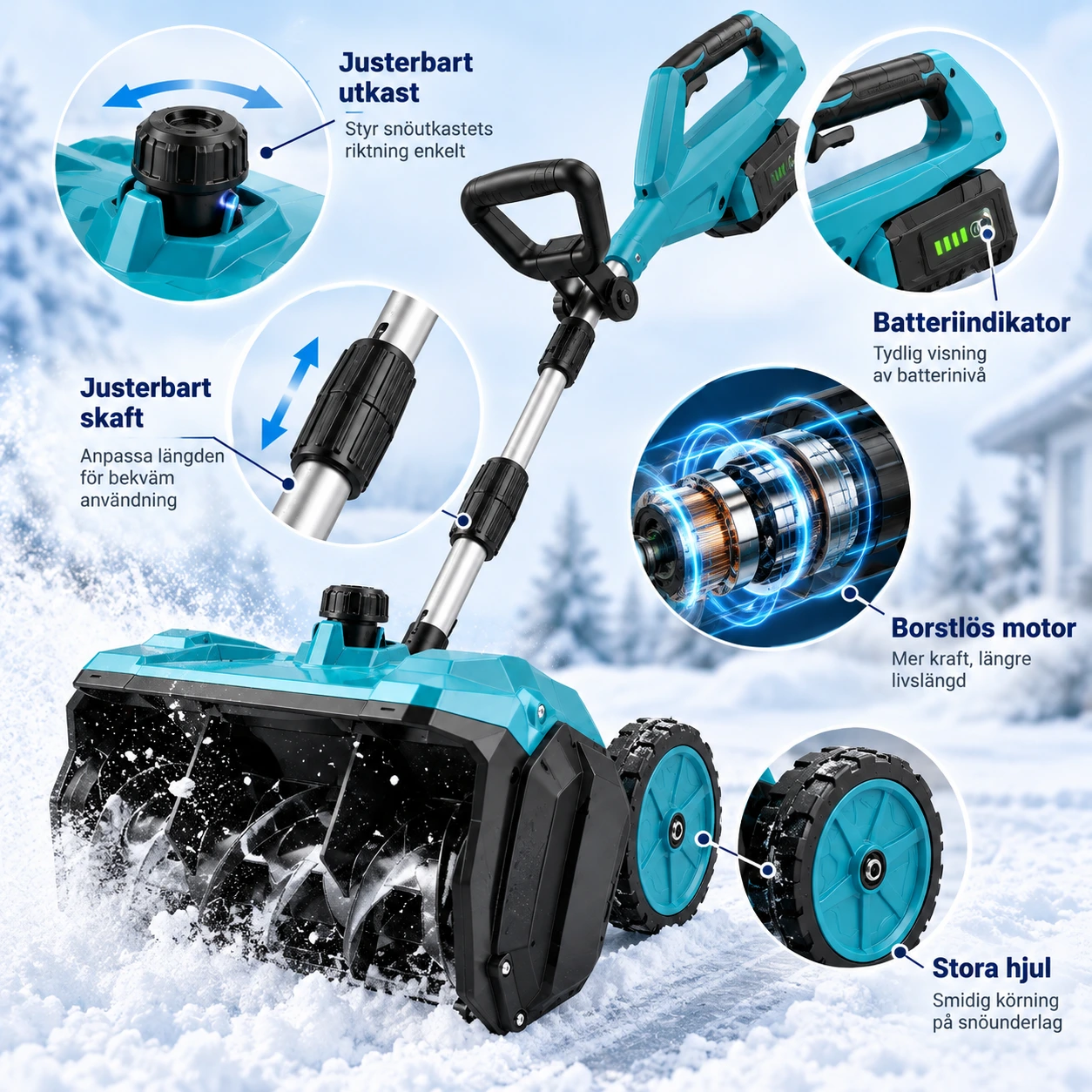 Batteridriven snöslunga med hjul och justerbart utkast