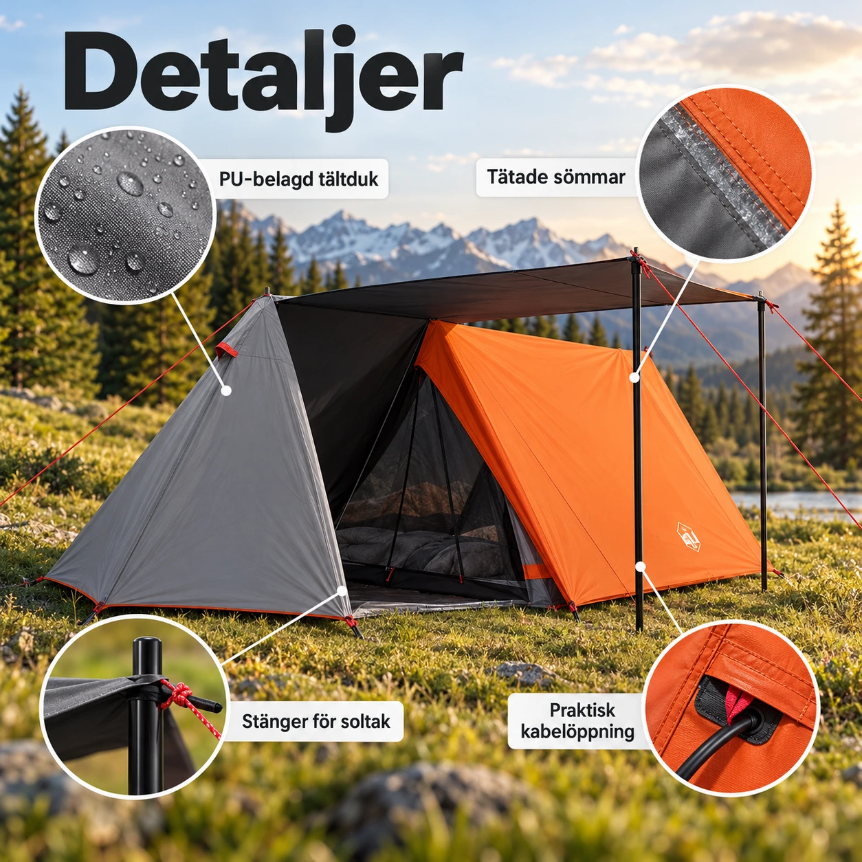 Lätt campingtält med soltak och PU-beläggning 210 x 150 cm