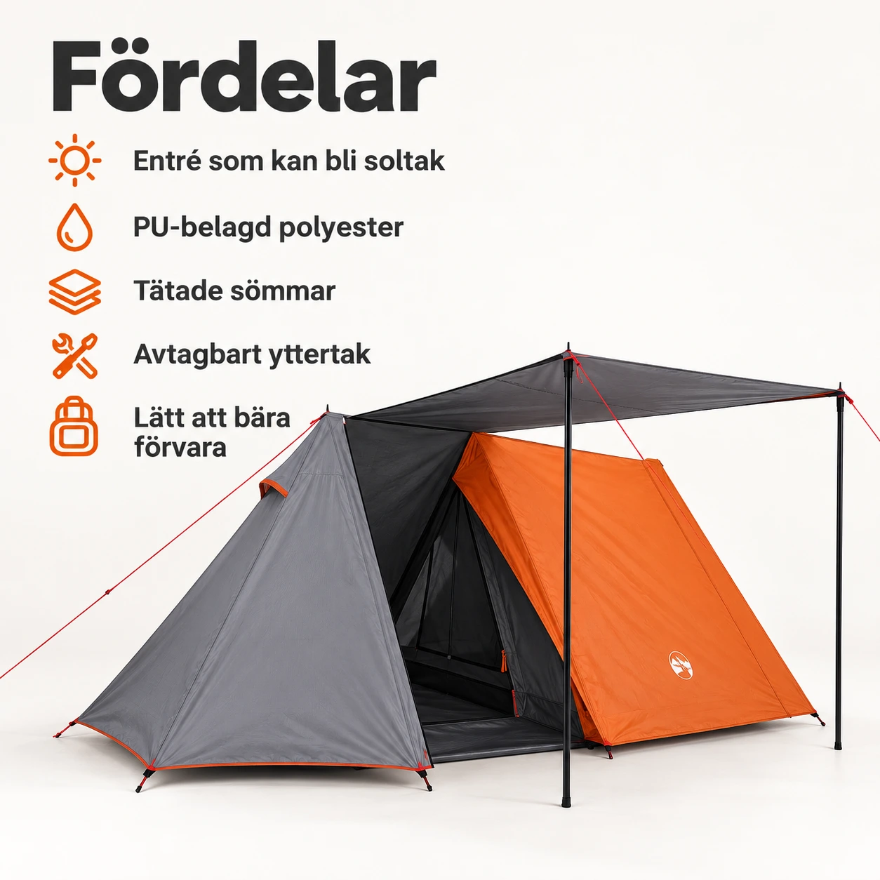Lätt campingtält med soltak och PU-beläggning 210 x 150 cm
